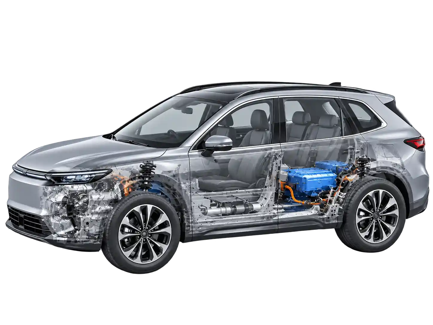 Hybrid vehicle with a compact lithium battery pack beneath the rear cabin