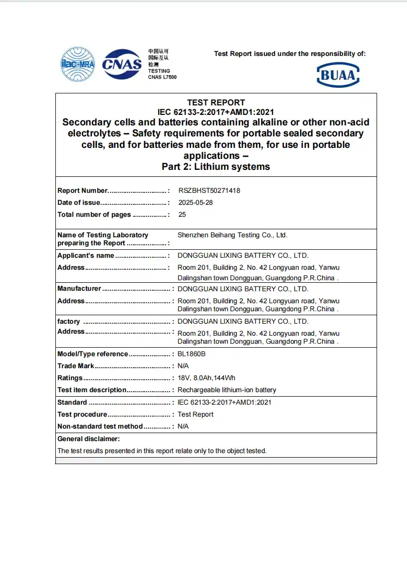 IEC 62133-2 Certificate