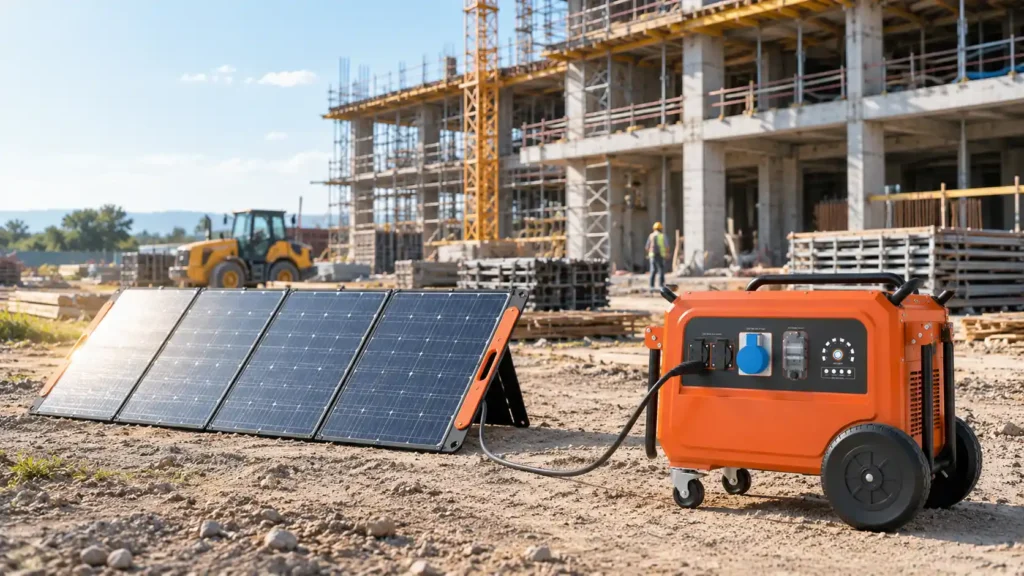 Industrial power station with solar charging at a construction site
