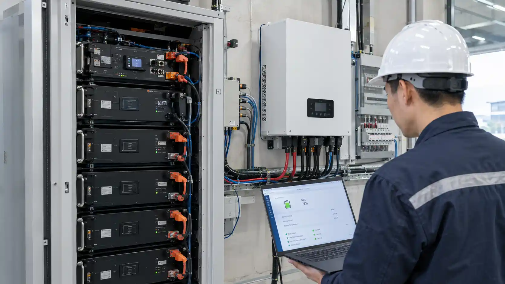 LiFePO4 battery BMS communicating with hybrid solar inverter during system commissioning