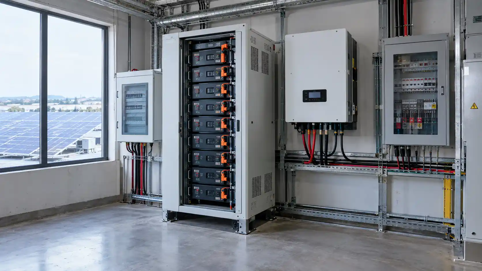 LiFePO4 battery energy storage system connected to solar PV and hybrid inverter