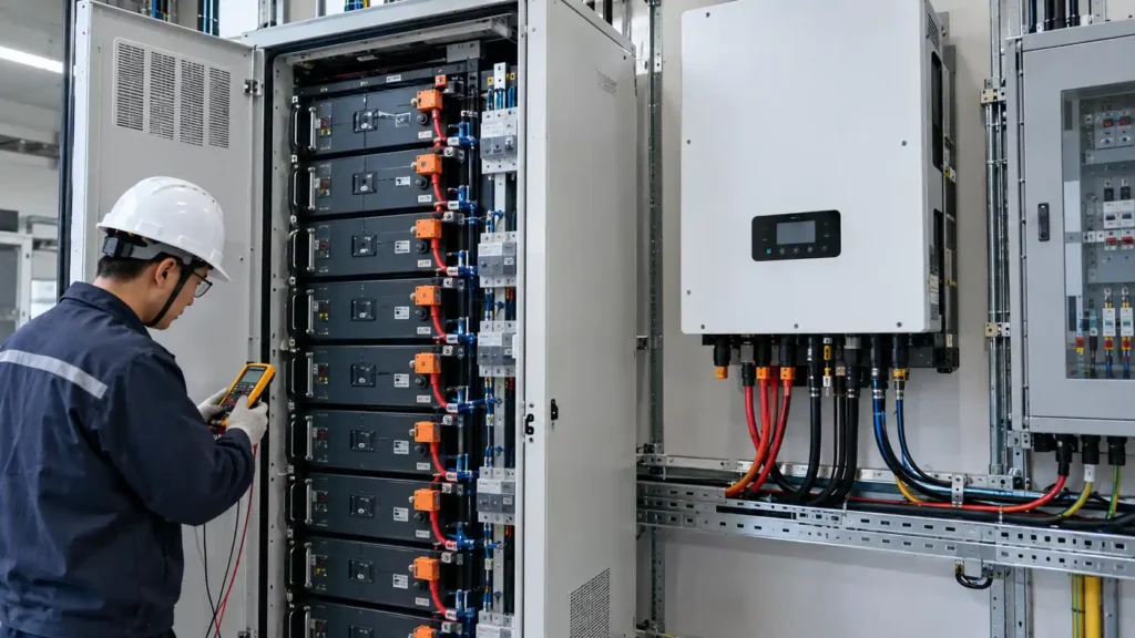 LiFePO4 battery rack with hybrid inverter for solar energy storage system integration