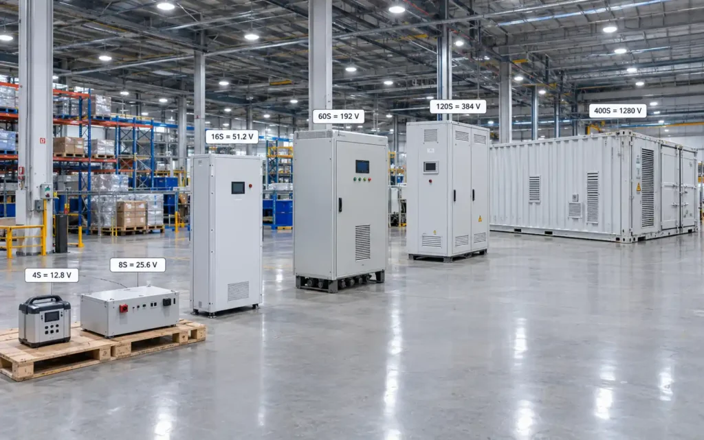 LiFePO4 battery voltage configurations 4S to 400S cells in series producing 12V to 1280V for ESS