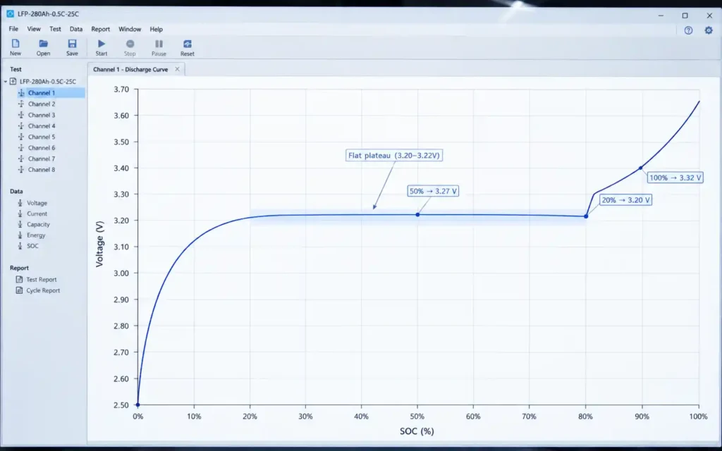 LiFePO4 discharge voltage curve showing the flat plateau at 3.22V between 20% and 80% state of charge