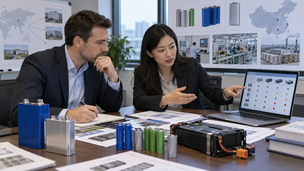 OEM procurement manager and battery engineer comparing custom battery suppliers, battery cells, and technical specifications