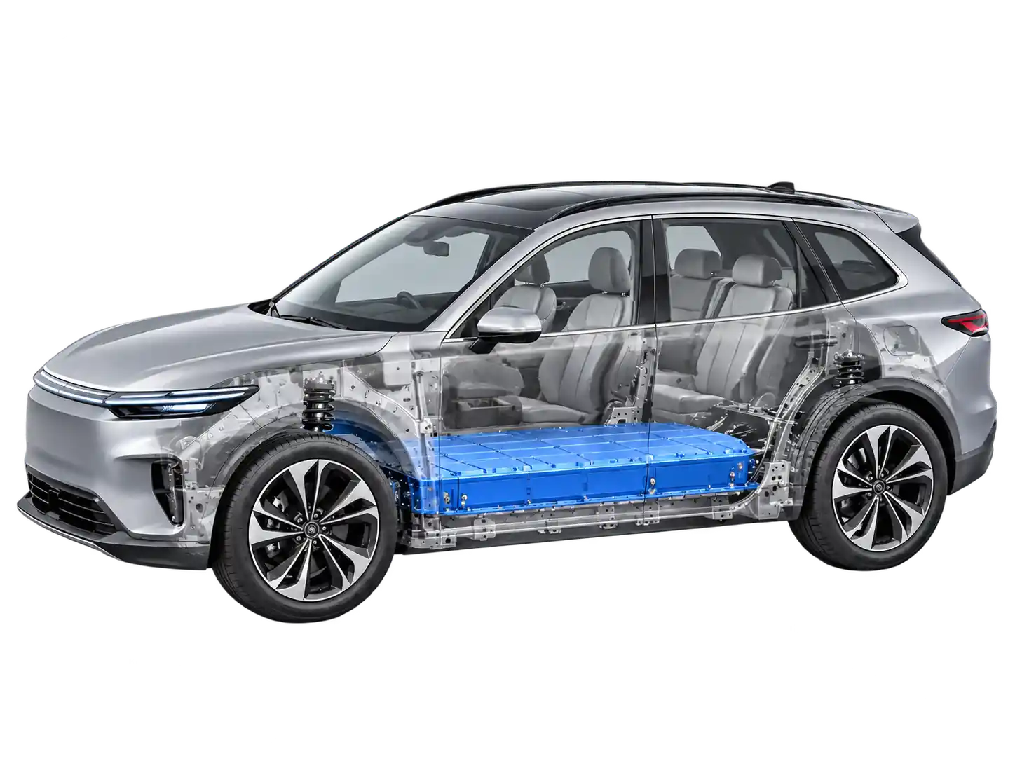 Passenger EV with a floor-mounted lithium battery pack shown through the vehicle body