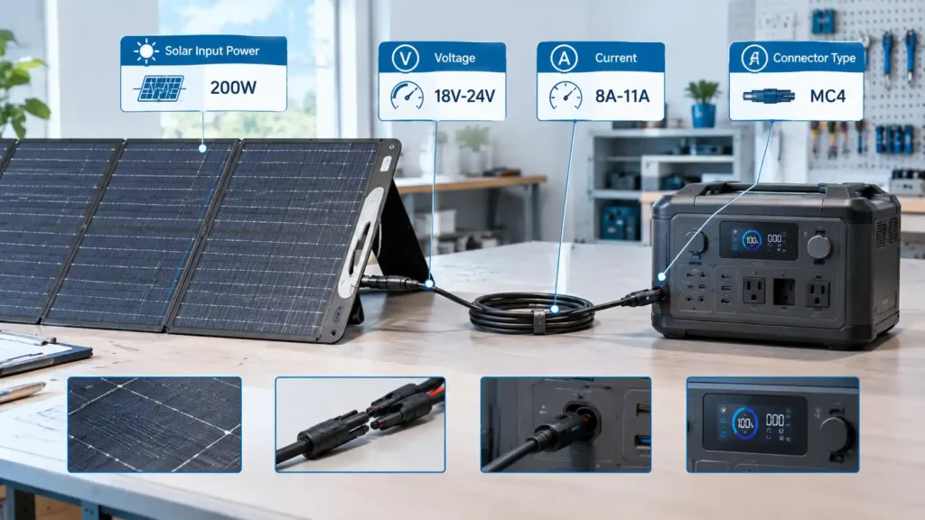 Solar panel and portable power station compatibility based on power, voltage, current and connector