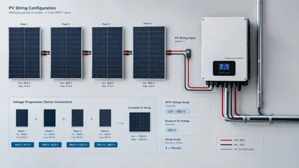 Solar panel string sizing based on PV voltage and MPPT range