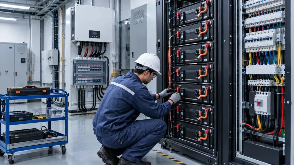 Technician checking battery connections in an energy storage system