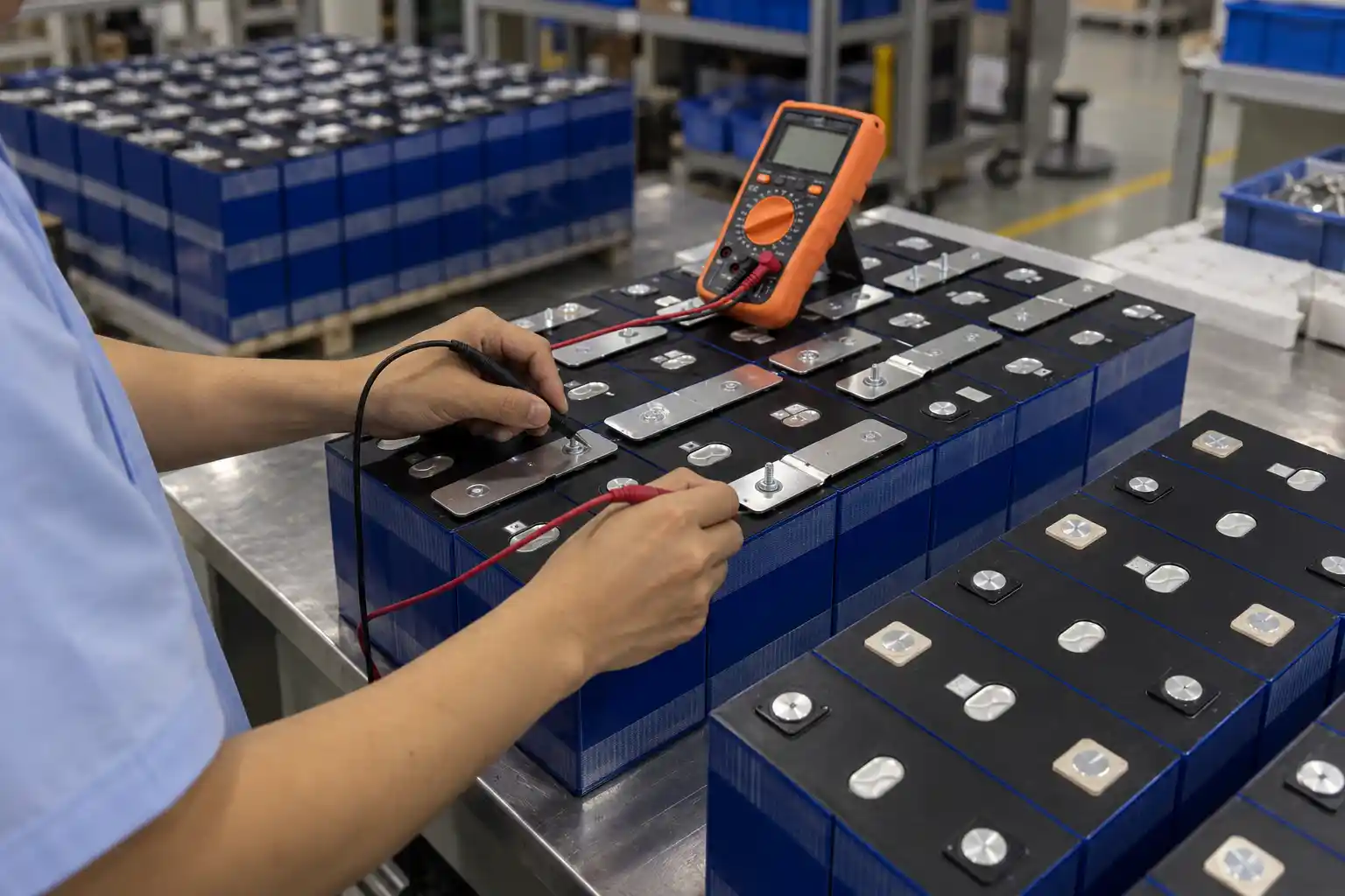Technician testing lithium battery modules with a digital multimeter