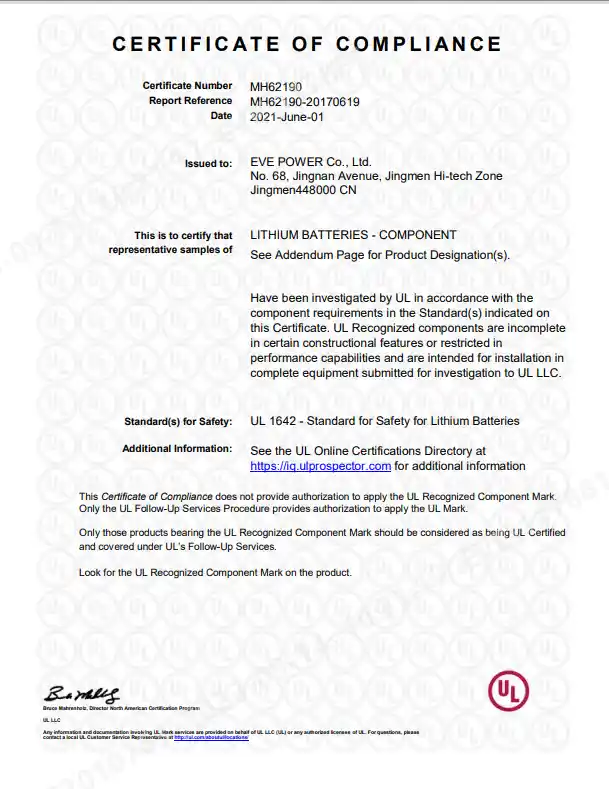 UL 1642 Cell Component Report