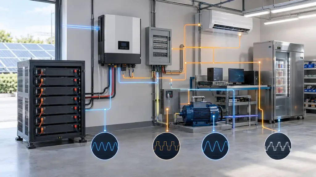 hybrid solar inverter powering electronic motor and backup loads in an energy storage system