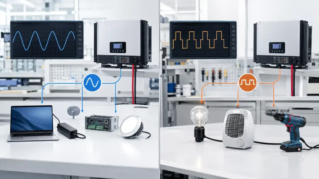 pure sine wave and modified sine wave inverter output waveform comparison