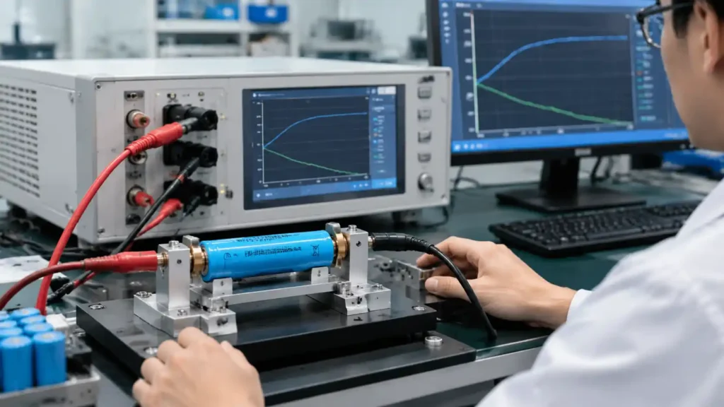 18650 lithium-ion cell undergoing CCCV charging tests with professional battery analysis equipment.