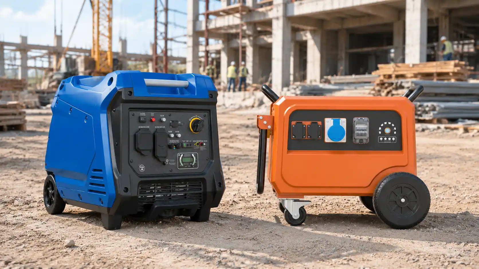 5,000W gasoline generator and LiFePO4 industrial power station compared at a construction job site.