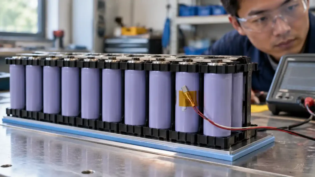 A battery module with spaced cylindrical cells and a temperature probe attached to one cell.