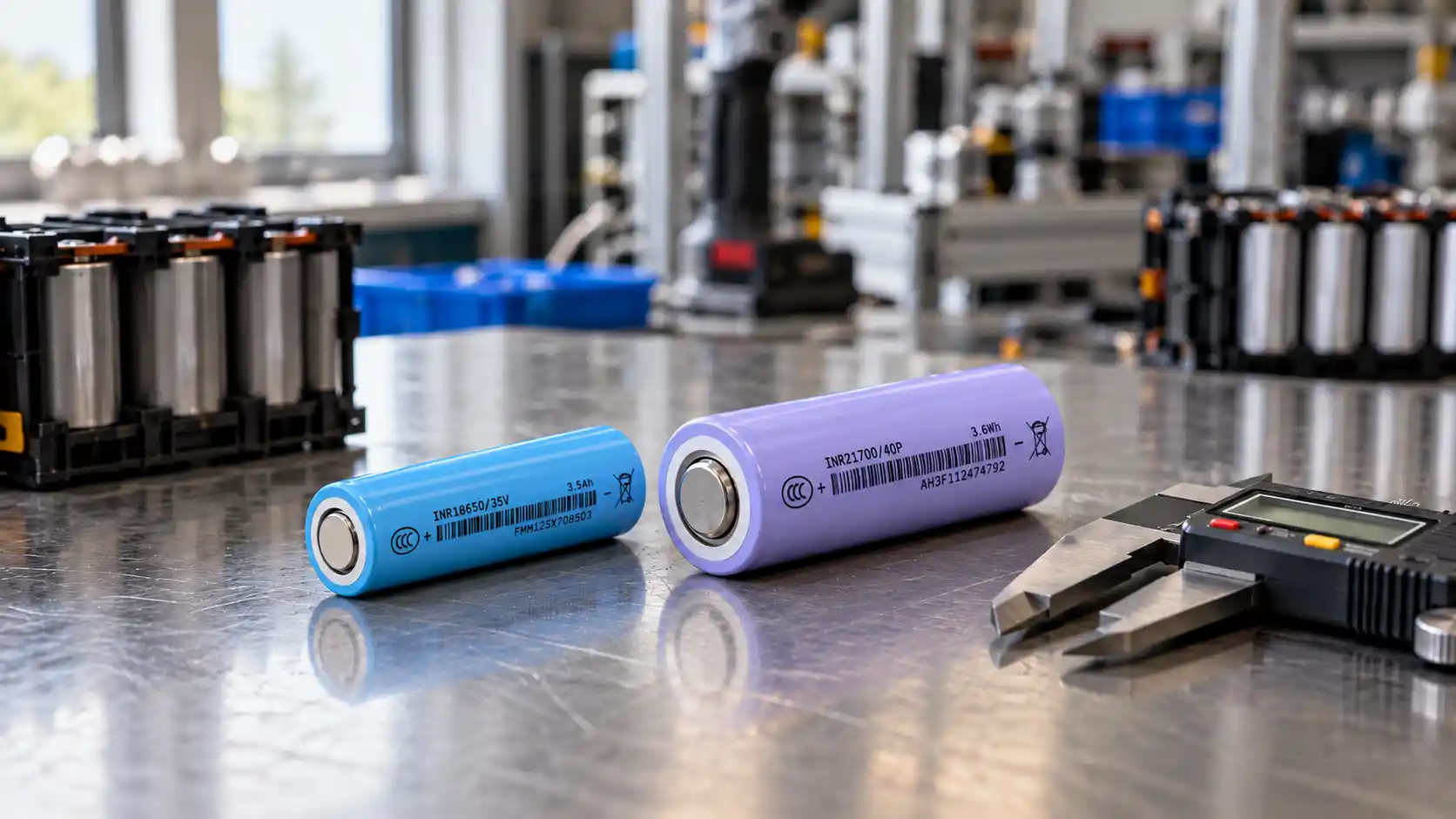 An 18650 and a 21700 lithium-ion cell side by side on a workbench with calipers.