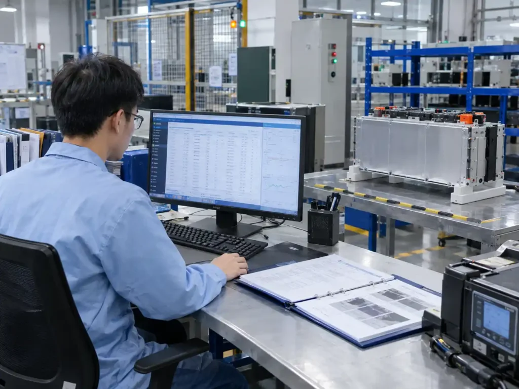 Battery quality engineer reviewing LiFePO4 battery module inspection records and production traceability
