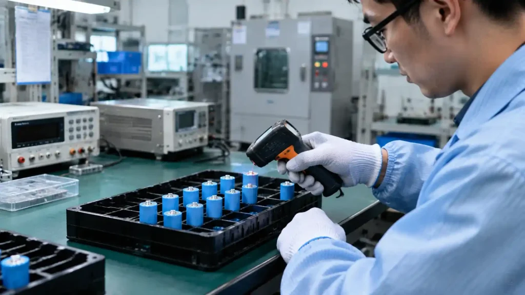 Battery technician checking the temperature of 18650 lithium-ion cells before safe charging.