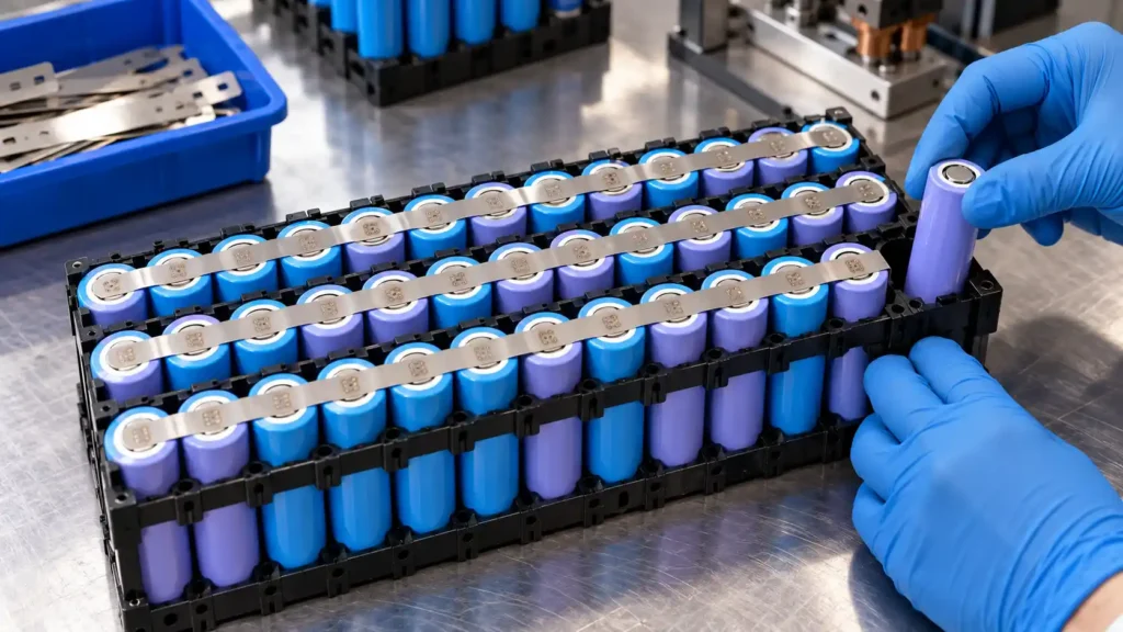 Cylindrical cells arranged in rows inside a pack holder with nickel strip being welded.