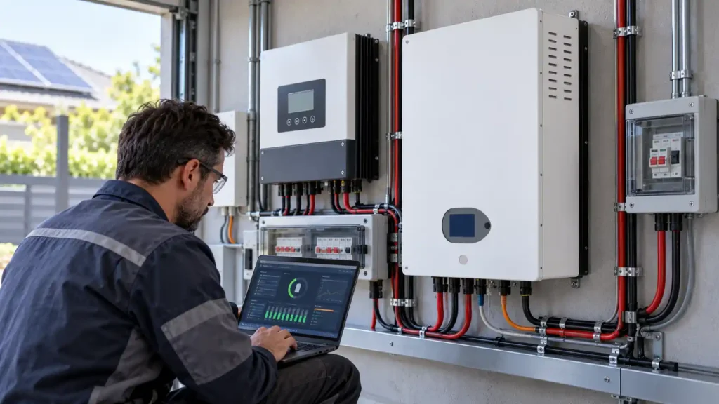 Engineer checking LiFePO4 battery BMS communication and charging parameters in a solar energy storage system.