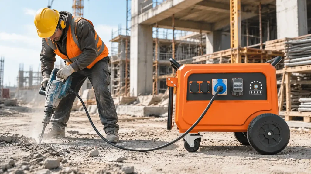 Industrial LiFePO4 power station supplying electricity to heavy-duty construction tools at a job site.
