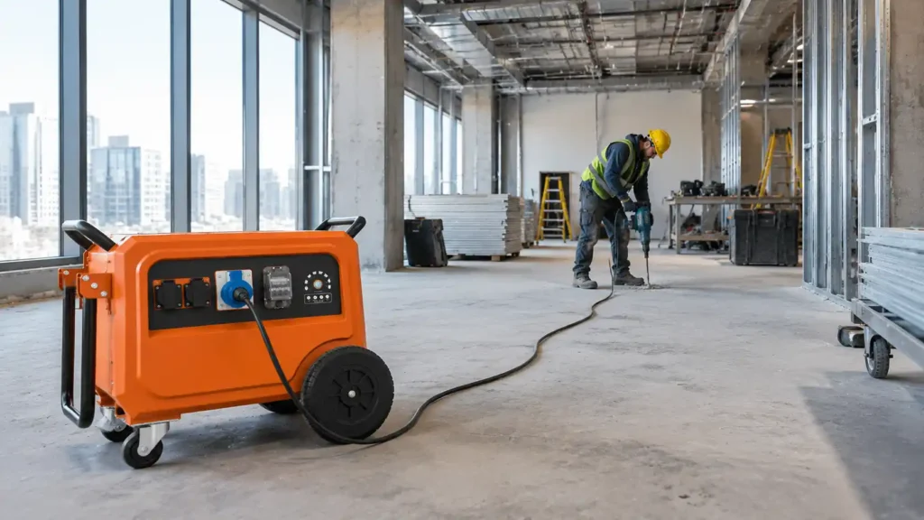 Industrial battery power station powering electrical tools during low-noise indoor building renovation.