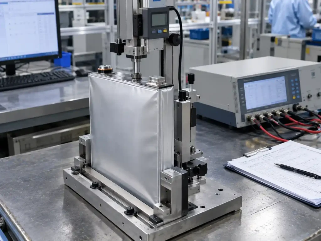 LiFePO4 battery cell dimensional inspection and resistance testing during manufacturing quality control