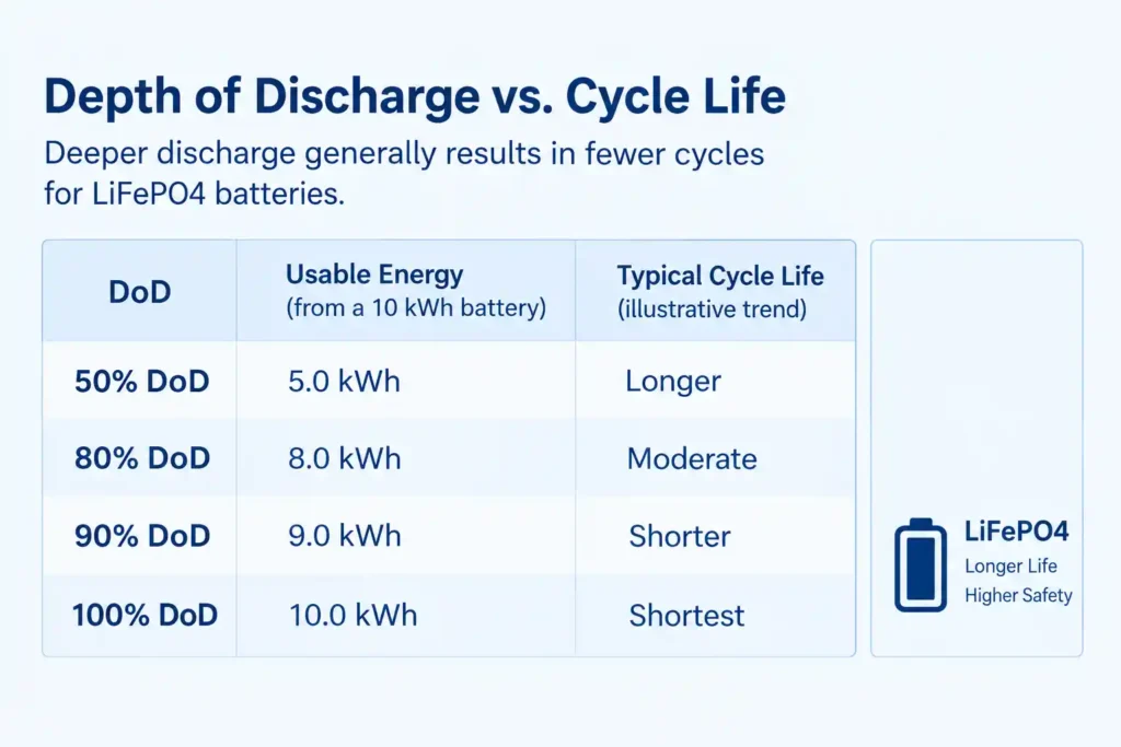 Residential LiFePO4 battery storage system illustrating different discharge depths