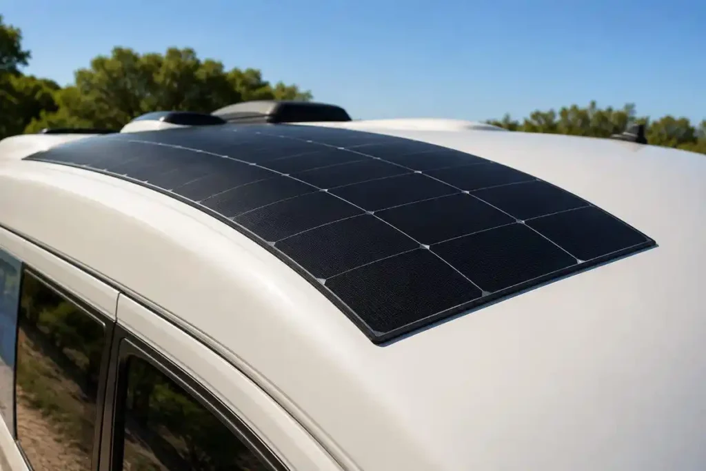 Semi-flexible monocrystalline solar panel installed on a curved camper van roof during professional installation