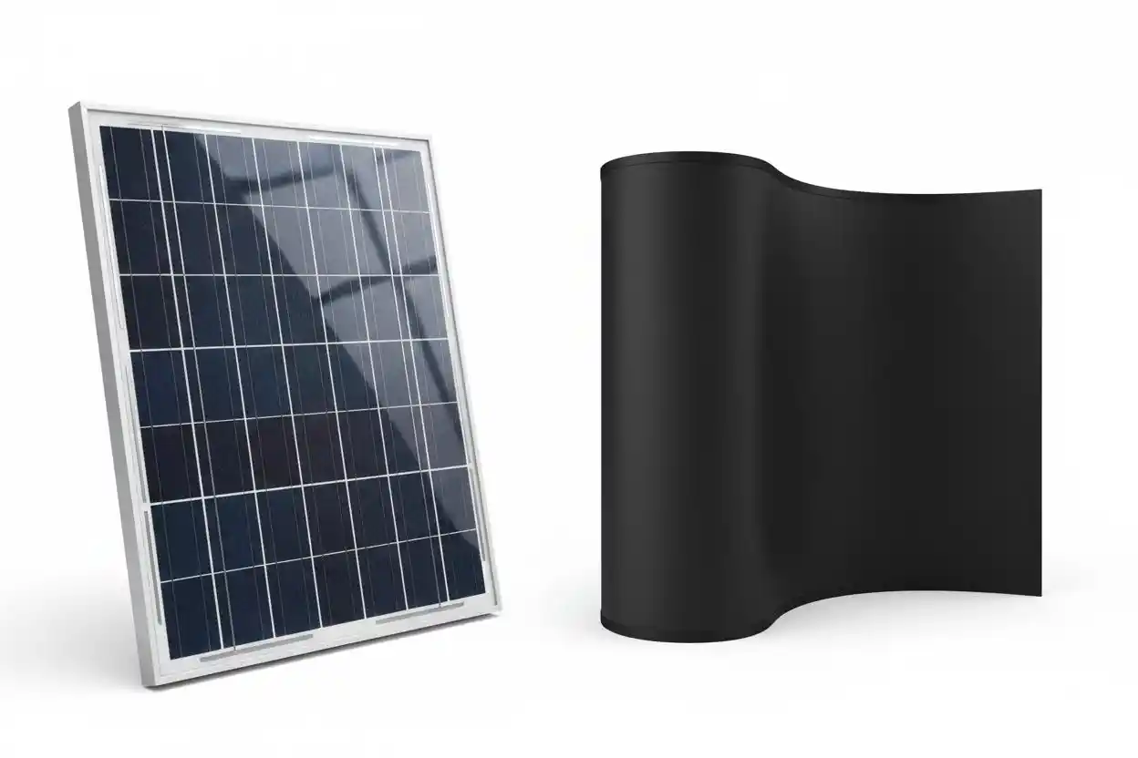 Semi-flexible solar panel on a curved surface compared with a rigid framed solar panel on a mounting rack