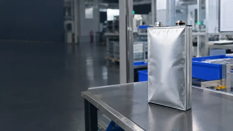 Swollen LiFePO4 prismatic battery cell in an industrial quality inspection area