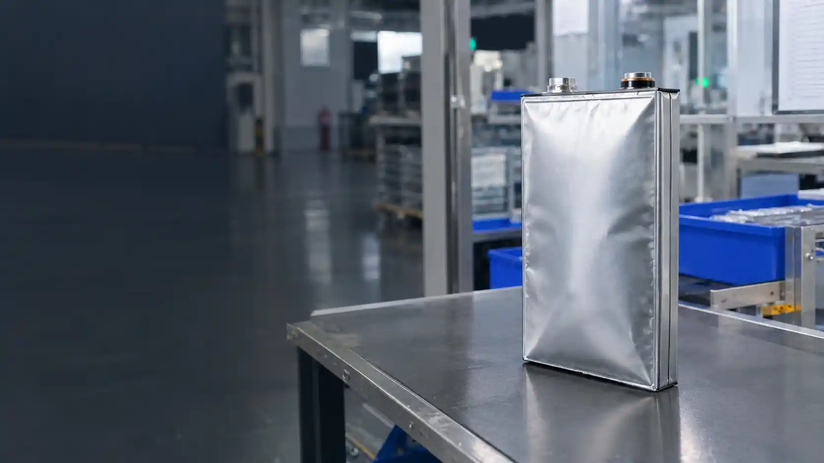 Swollen LiFePO4 prismatic battery cell in an industrial quality inspection area