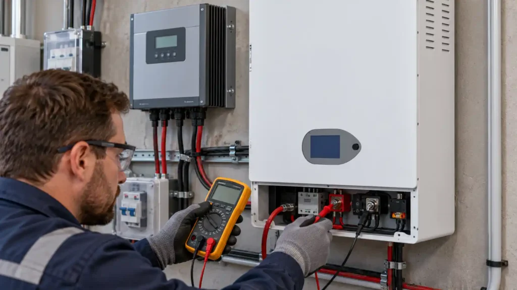 Technician measuring LiFePO4 battery terminal voltage to diagnose voltage drop in an MPPT solar charging system.