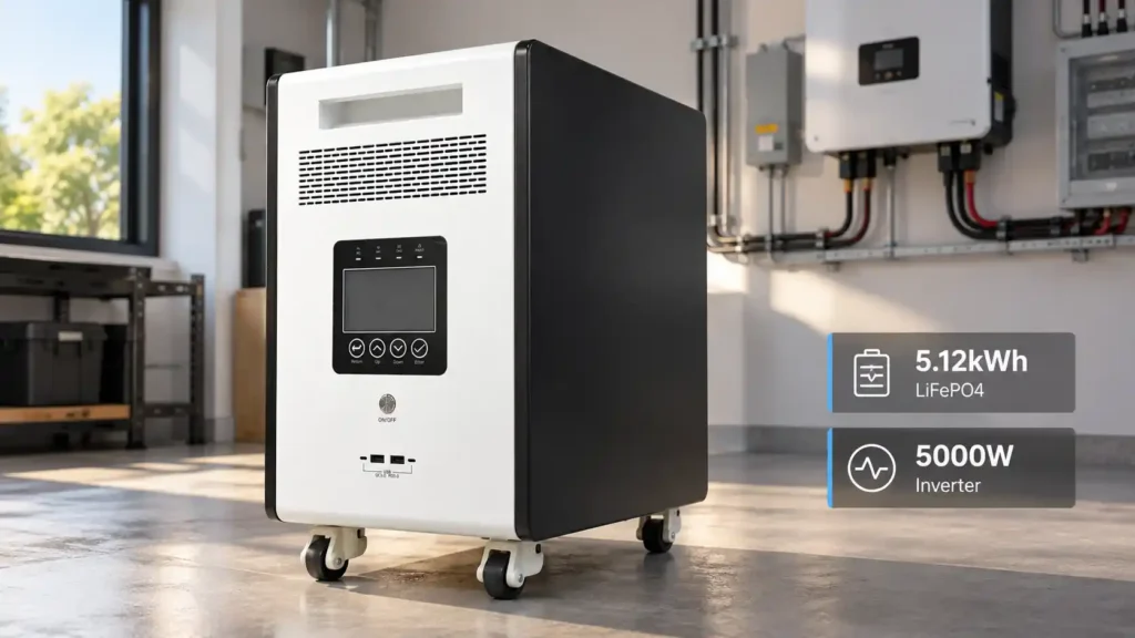 YTJ5KWh 5.12kWh LiFePO4 all-in-one solar energy storage system with integrated 5000W inverter in a residential utility room.
