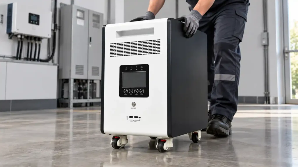 YTJ5KWh 5.12kWh mobile LiFePO4 energy storage system with compact wheeled enclosure being positioned in an indoor installation area.