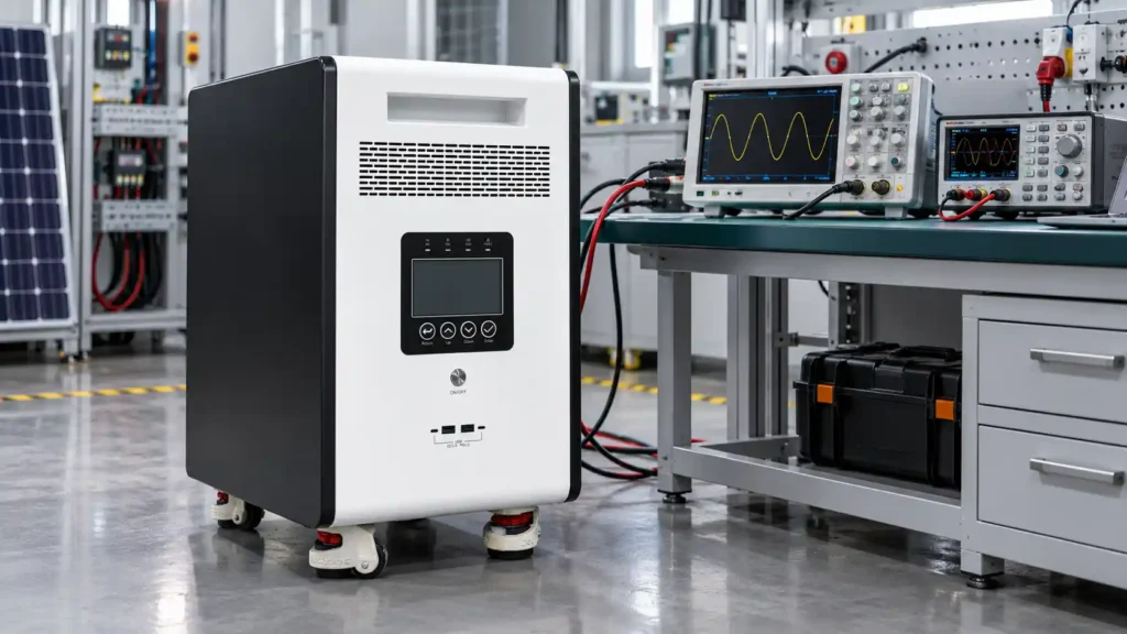 YTJ5KWh 5000W pure sine wave inverter energy storage system undergoing AC output waveform testing with professional equipment.