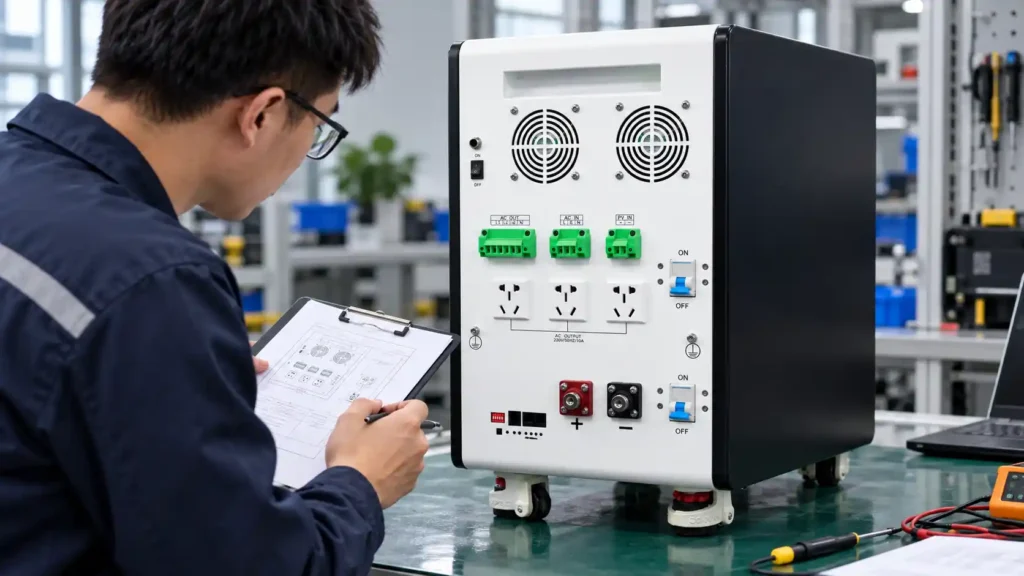 YTJ5KWh all-in-one solar energy storage system undergoing AC and USB output interface inspection in a technical testing facility.